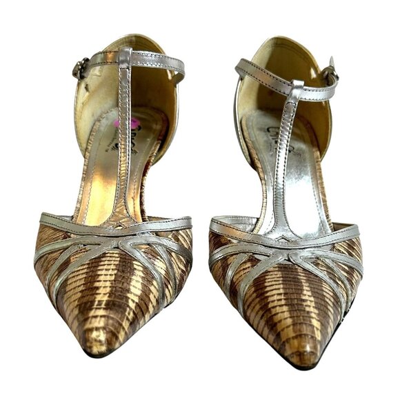 Carlos Santana Taupe and Silver T-Strap Revenge Heels Size 8 M Pointed Toe - Picture 4 of 9